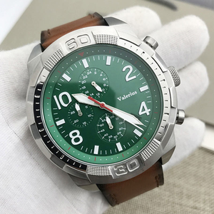 Men Sports Chronograph Quartz Watch Genuine Leather Strap